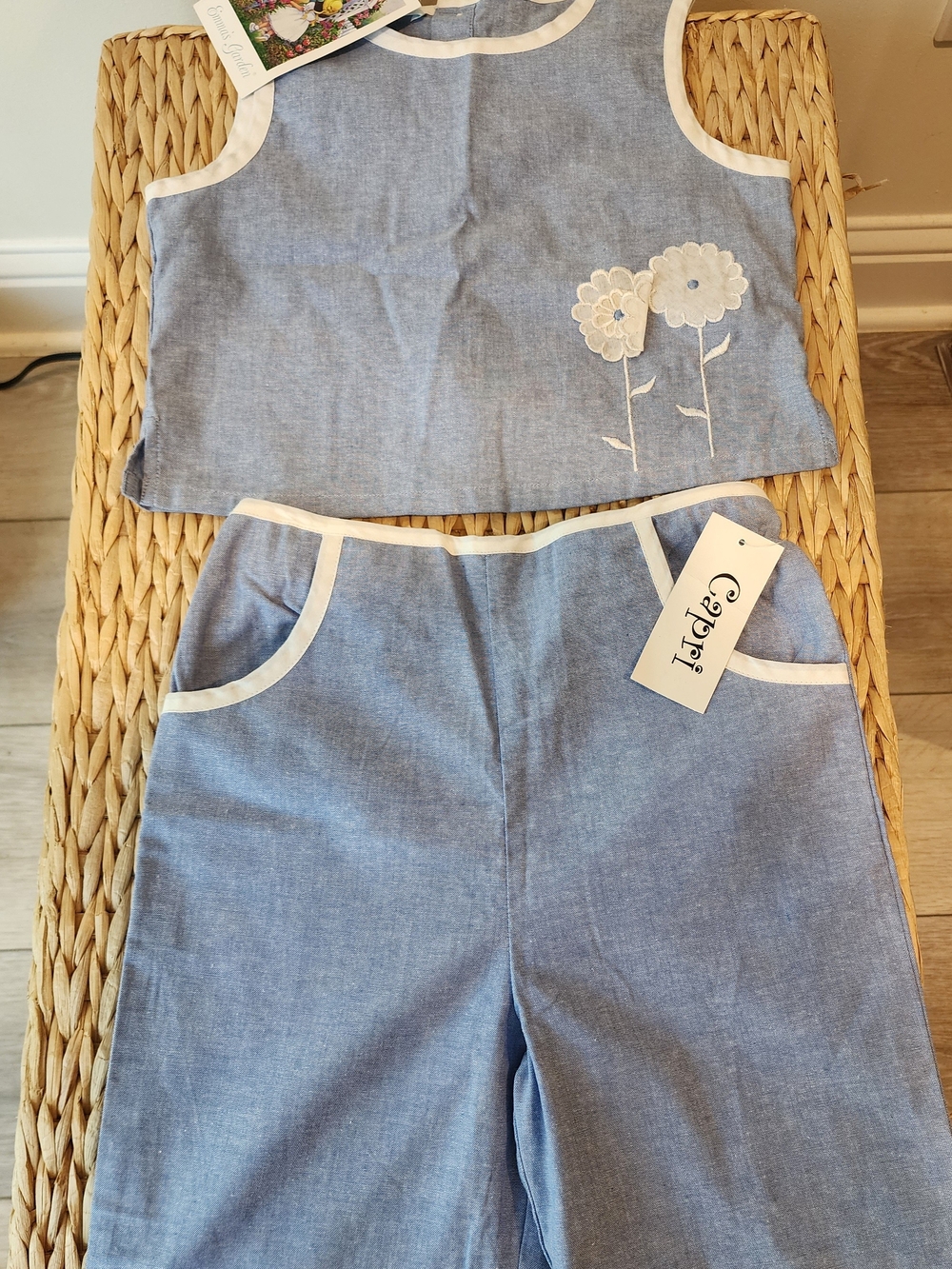 Emma's Garden Blue Linen-Effect Girls Matching Set with White Trim (Kids M 5/6)